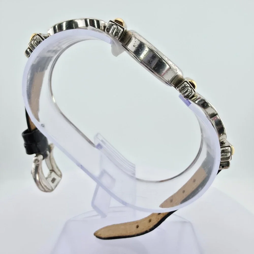 BRIGHTON 'Champagne' Watch Black Leather Band Scrollwork Gold Silver Plate 7.25